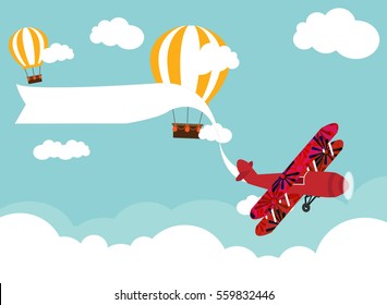 air plain and hot air balloon are in the blue sky vector none text