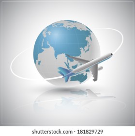 Air plane around the world. Vector 3D style can use for business transport or travel concept. Brochure advertising object, web site or printing element.