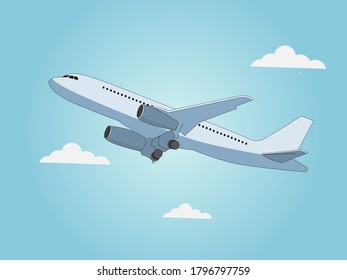 Icono/símbolo del vector de la nube y del avión. Plano de aire aislado en fondo degradado azul. Avión aéreo en el cielo. Ilustración del avión.