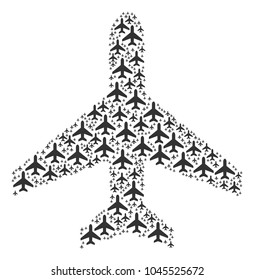 Air Plane collage combined in the shape of air plane pictograms. Vector iconized collage made from simple design elements.