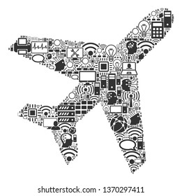 Air Plane composition icon constructed for bigdata and computing illustrations. Vector air plane mosaics are organized from computer, calculator, connections, wi-fi, network,