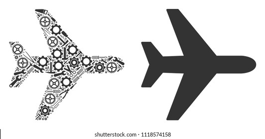 Air plane composition of workshop tools. Vector air plane icon is designed of cogwheels, spanners and other equipment objects. Concept of technician workshop.