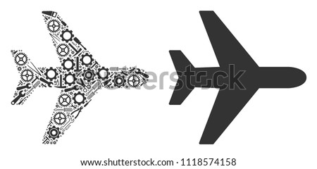 Air plane composition of workshop tools. Vector air plane icon is designed of cogwheels, spanners and other equipment objects. Concept of technician workshop.