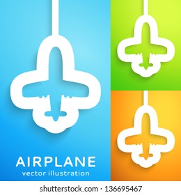 Air plane cut out of paper on color background. Vector illustration for your transportation aviation design. Picture of the cute blue aircraft. Sign of shipping operations, free and world connection.