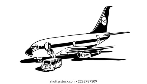 air plane of drawing ink and sketch. air port of drawing ink. transportation ink drawing for design
