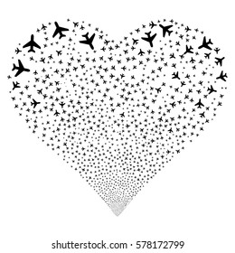 Air Plane fireworks with heart shape. Vector illustration style is flat black iconic symbols on a white background. Object love heart combined from confetti pictographs.