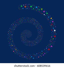 Air Plane fireworks swirl spiral. Vector illustration style is flat bright multicolored scattered symbols. Object whirl combined from random pictograms.