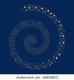 Air Plane fireworks vortex spiral. Vector illustration style is flat yellow scattered symbols. Object whirl organized from random pictograms.