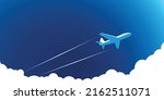 Air plane flies in the blue sky above the clouds, leaving trail behind it. Illustration, vector