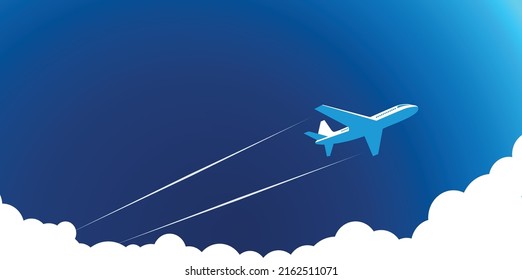 Air plane flies in the blue sky above the clouds, leaving trail behind it. Illustration, vector