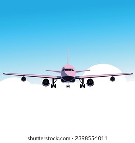 Air plane flies in the blue sky above the clouds, leaving trail behind it. Illustration, vector