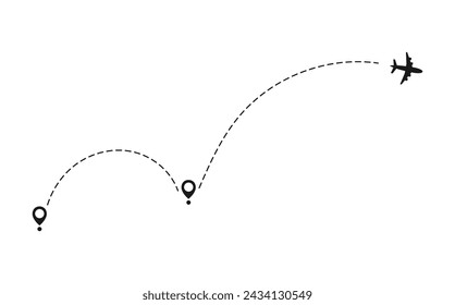 air plane flight route icon symbol logo. place start location. black isolated white background