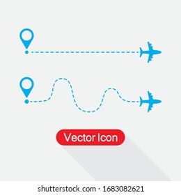 Air Plane Flight Route With Start Point And Dash Line Trace, Airplane Line Path Icon