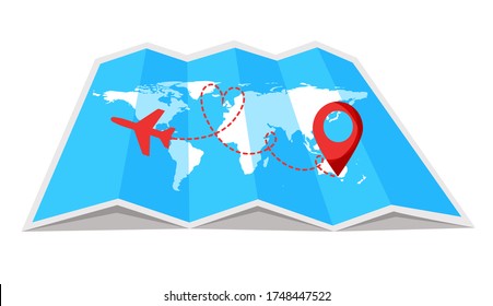 Air plane flight route with start point and dash line trace. World travel map with pinpoint on it. Romantic travel, heart dashed path on world map background. Vector illustration.