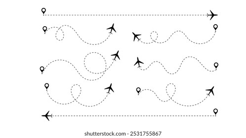 Rota de voo de avião aéreo com ponto inicial e ponto final e traço de linha traço. Rota de voo de avião aéreo com traço de linha de ilustração vetorial. Conceito de viagem de rota tracejada.