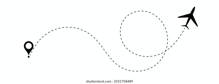 Ruta de vuelo de avión con punto de inicio y final y trazado de línea de salpicadero. Ruta aérea con Ilustración vectorial de rastreo de línea. Concepto de viaje de ruta discontinua.