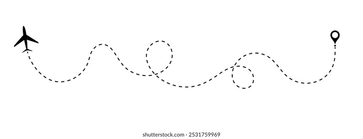 Rota de voo de avião aéreo com ponto inicial e ponto final e traço de linha traço. Rota de voo de avião aéreo com traço de linha de ilustração vetorial. Conceito de viagem de rota tracejada.