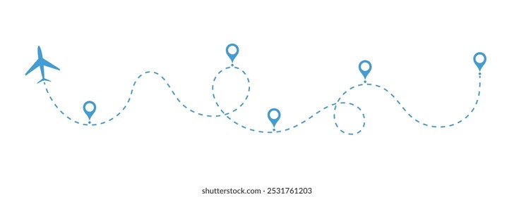 Rota de voo de avião aéreo com ponto inicial e ponto final e traço de linha traço. Rota de voo de avião aéreo com traço de linha de ilustração vetorial. Conceito de viagem de rota tracejada.