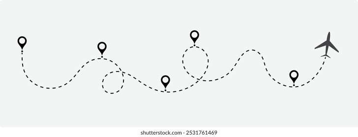 Rota de voo de avião aéreo com ponto inicial e ponto final e traço de linha traço. Rota de voo de avião aéreo com traço de linha de ilustração vetorial. Conceito de viagem de rota tracejada.