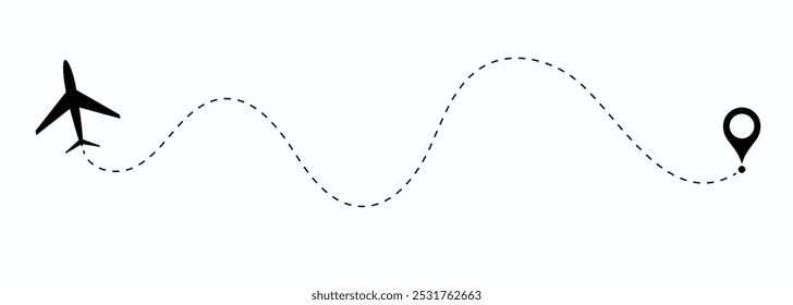 Rota de voo de avião aéreo com ponto inicial e ponto final e traço de linha traço. Rota de voo de avião aéreo com traço de linha de ilustração vetorial. Conceito de viagem de rota tracejada.