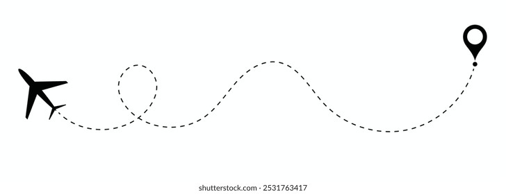 Rota de voo de avião aéreo com ponto inicial e ponto final e traço de linha traço. Rota de voo de avião aéreo com traço de linha de ilustração vetorial. Conceito de viagem de rota tracejada.