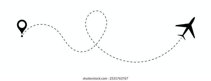 Rota de voo de avião aéreo com ponto inicial e ponto final e traço de linha traço. Rota de voo de avião aéreo com traço de linha de ilustração vetorial. Conceito de viagem de rota tracejada.