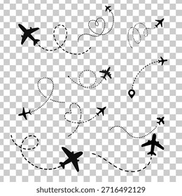 Rota de voo de avião aéreo com ponto inicial e ponto final e traço de linha traço. Rota de voo de avião aéreo com traço de linha de ilustração vetorial em um fundo transparente. 