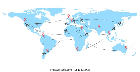 Air plane flight routes with red pin point and dash line trace. Dashed path on world map background. Vector illustration.