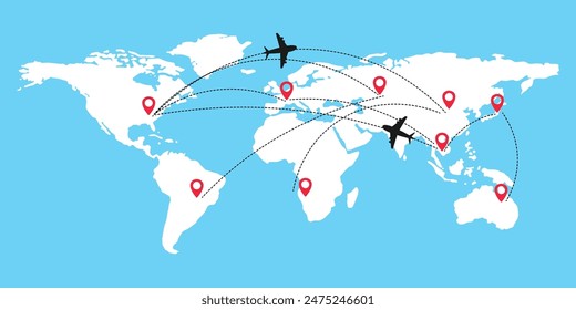 Rutas de vuelo de avión con punto de pin rojo y trazo de línea de guiones. Trayectoria discontinua en el fondo del mapa mundial.	