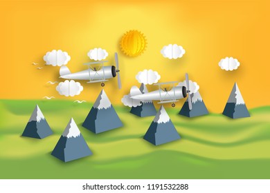 Air plane fly over the mountain scene view hot air balloons summer season as travel,  3D paper art , cut and craft style concept. vector illustration.