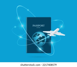 Air plane was flying along the blue light line and fly around the passport,vector 3d isolated on blue background for travel transport advertising design