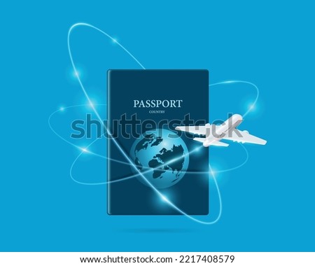 Air plane was flying along the blue light line and fly around the passport,vector 3d isolated on blue background for travel transport advertising design