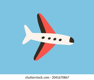 Air plane flying in clear sky. Flight of toy aircraft. Doodle airplane with wings fly. Traveling by aeroplane. Airliner side view. Childish colored flat vector illustration