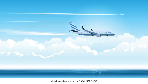 An air plane flying in the clouds leaves a trace in the sky flat vector illustration