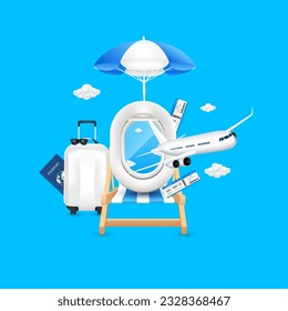 Air plane is flying front airplane window on deck chair umbrella. Luggage white air ticket and passport blue placed the side. For media tourism ad design. Holiday travel transport concept. 3D Vector.