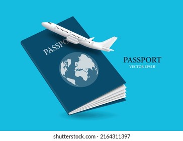 The air plane is flying in front passport and blue cover vector 3d isolated blue background for travel   international tourism advertising design