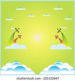 air plane flying on the blue sky and clouds background in vector format 