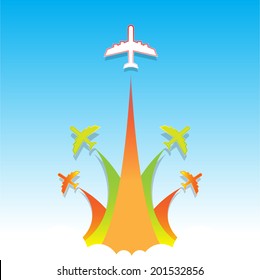 air plane flying on the blue sky and clouds background in vector format 