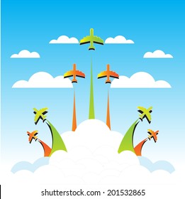 air plane flying on the blue sky and clouds background in vector format 