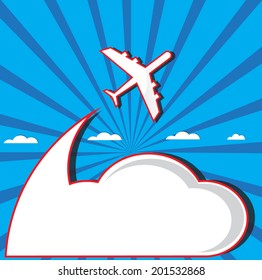 air plane flying on the blue sky and clouds background in vector format 