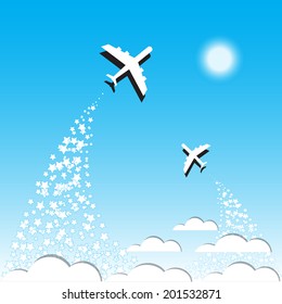 air plane flying on the blue sky and clouds background in vector format 