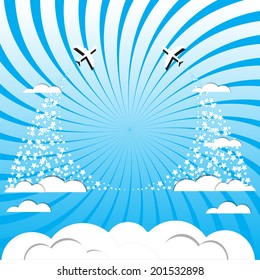 air plane flying on the blue sky and clouds background in vector format 