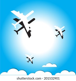air plane flying on the blue sky and clouds background in vector format 