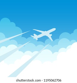 air plane flying on clouds and blue sky background. vector