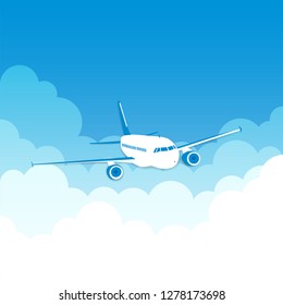 air plane flying on clouds and blue sky background. vector