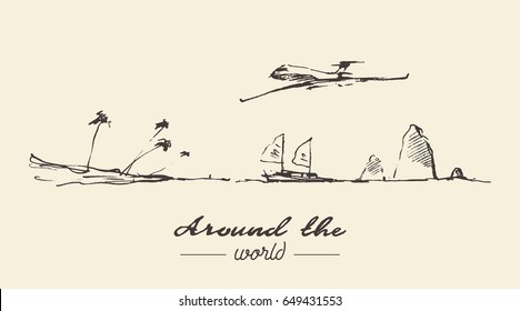 Air plane flying over the ocean, adventures around the world, hand drawn vector illustration, sketch