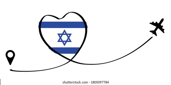 Air plane flying route with heart icon, Israel flag, Love romantic travel. Airplane line path of air plane flight route with start point sign. Vector fly pin location pointer. For romance holliday.
