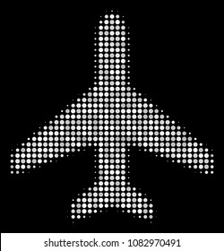 Air plane halftone vector icon. Illustration style is pixel iconic air plane symbol on a black background. Halftone matrix is created from round cells.