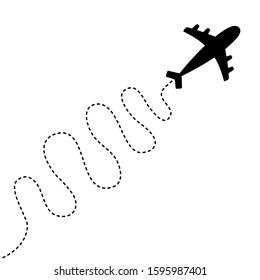 Air plane icon. Black silhouette shape. Airplane flying. Zigzag dash line loop in the sky. Travel trace. Love romantic card. Flat design. White background. Isolated. Vector illustration