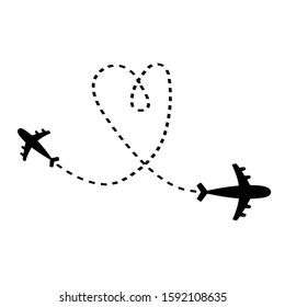 Air plane icon set. Black silhouette shape. Two iirplane flying. Dash line heart loop in the sky. Travel trace. Happy Valentines Day Love romantic card. Flat design. White background. Isolated. Vector